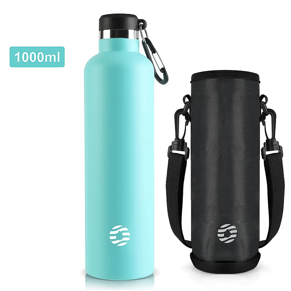 1000ml stainless steel sports water bottle with carabiner and carrying pouch, perfect for keeping drinks hot or cold on the go.