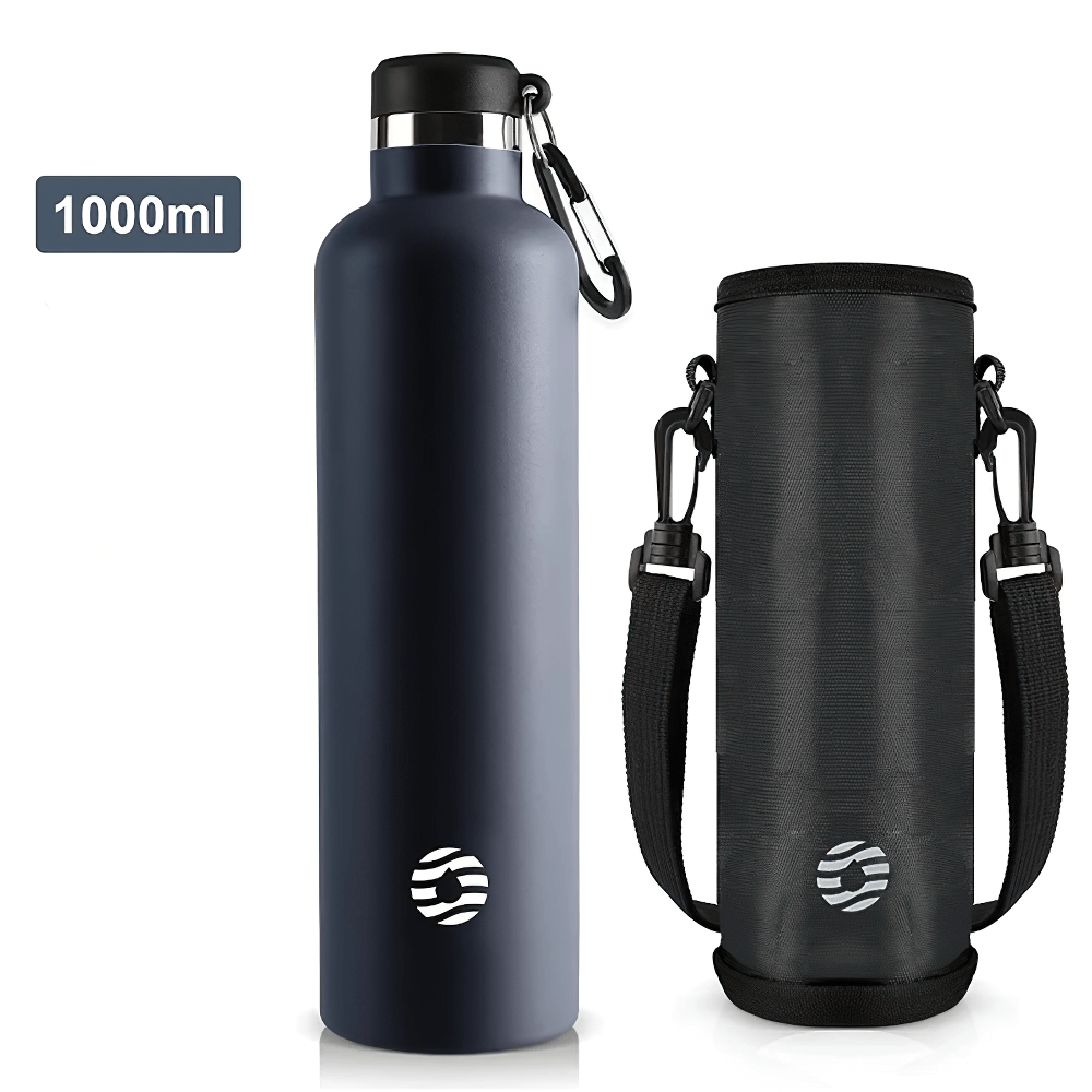 1000ml stainless steel sports water bottle with carabiner and carrying case, vacuum insulated flask ideal for hot or cold beverages.