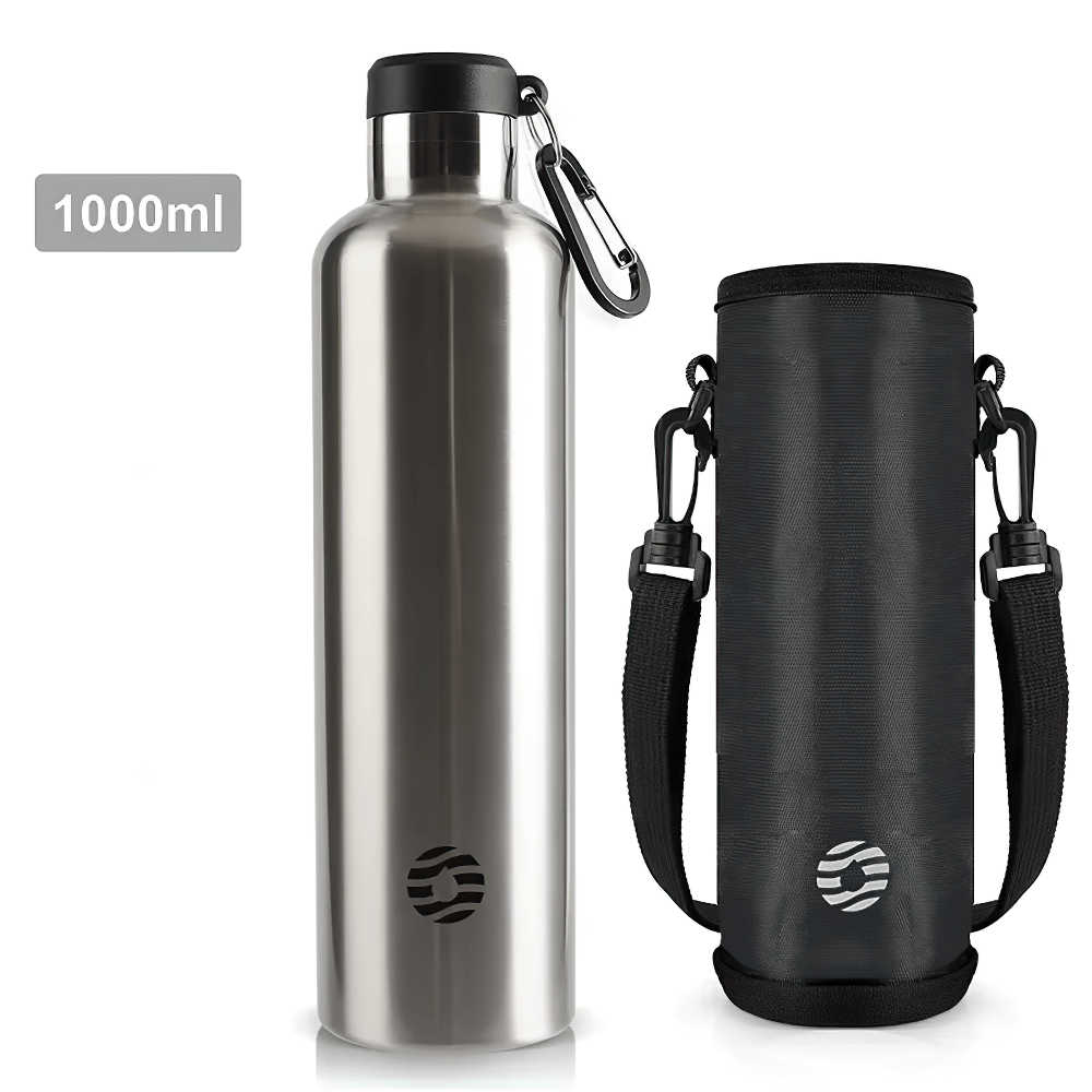 Stainless steel sports water bottle with 1000ml capacity and carabiner, featuring black carrying pouch, vacuum insulated for 24-hour thermal retention.