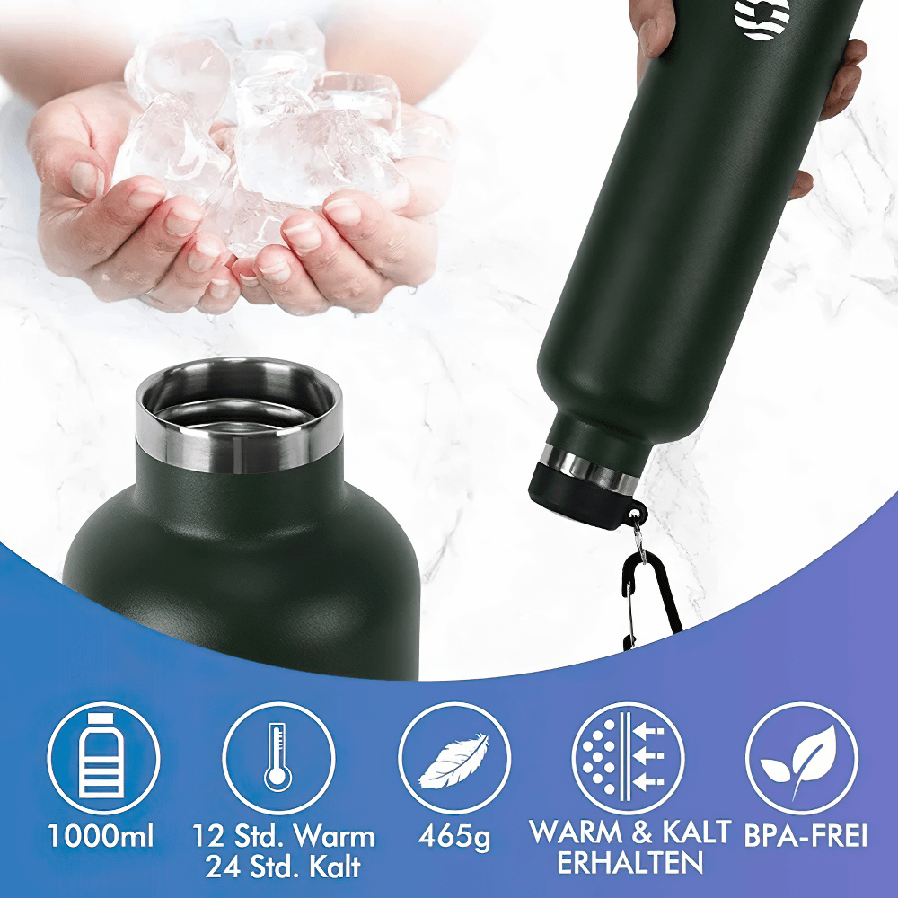Stainless Steel 1000ml Sports Water Bottle with Carabiner; Vacuum Insulated Thermos for Hot & Cold Drinks; Outdoor Adventure Gear