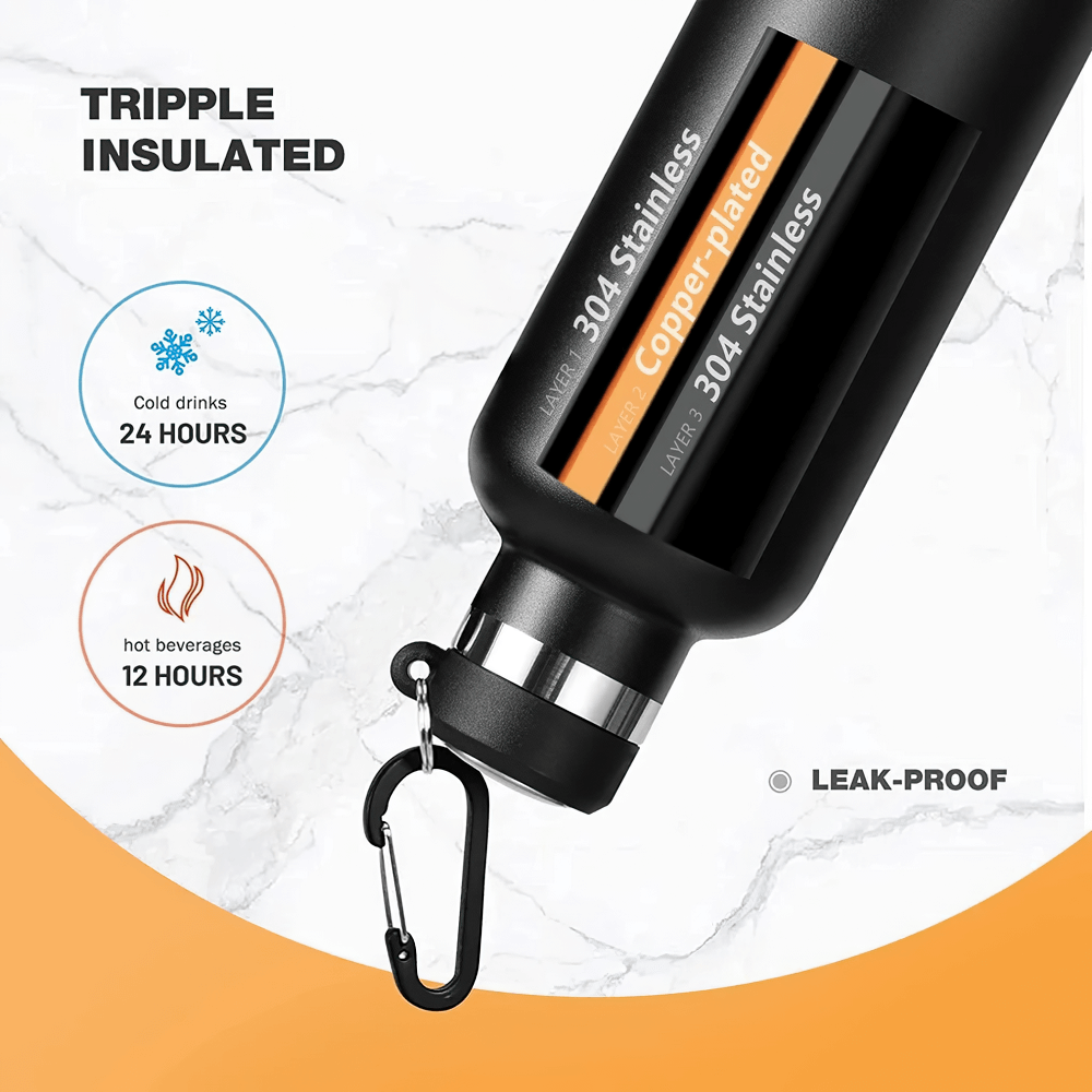Black stainless steel sports water bottle with carabiner, vacuum insulated, leak-proof, 24-hour cold, 12-hour hot retention.