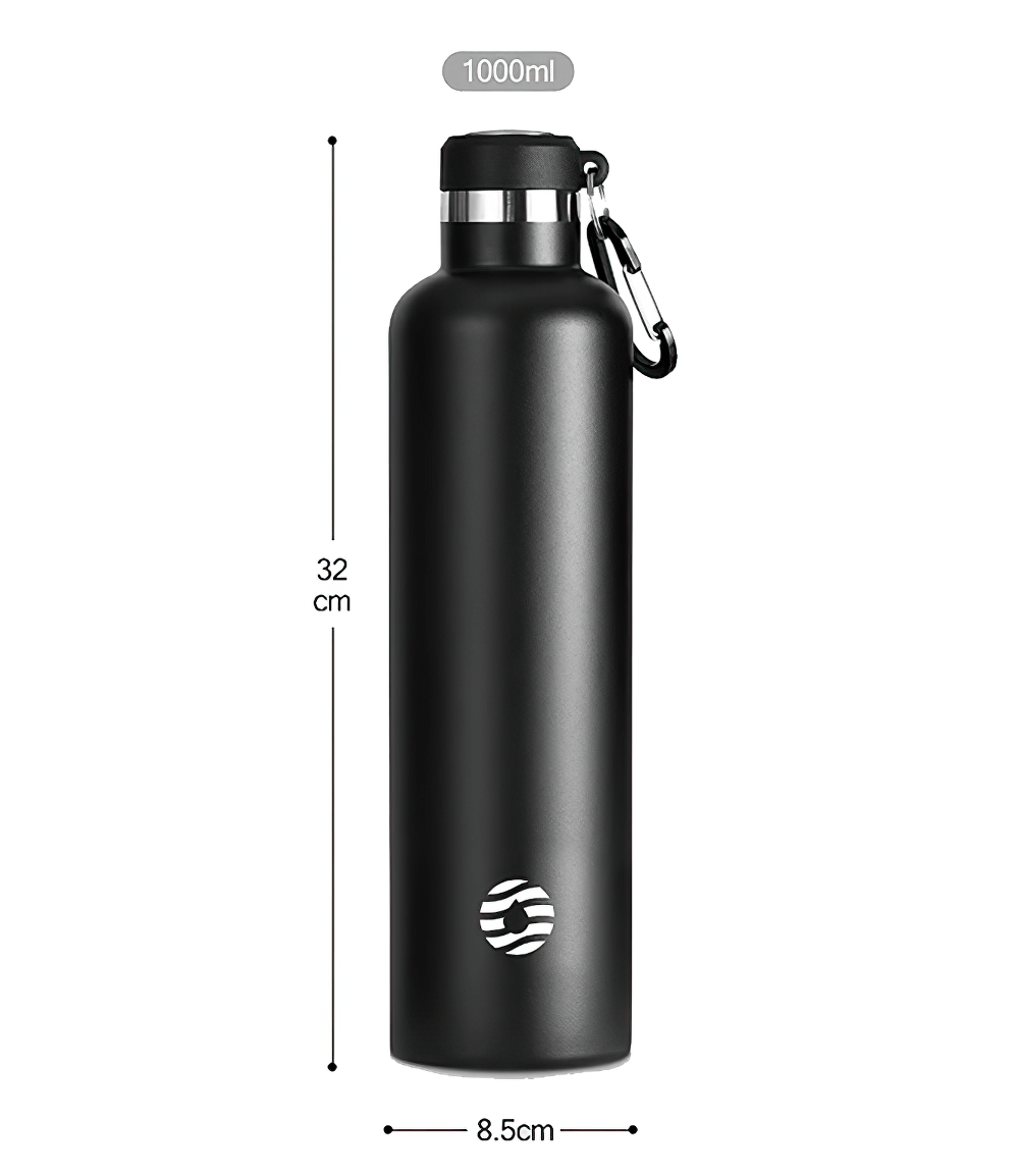 Stainless Steel Sports Water Bottle 1000ml with Carabiner, Vacuum Insulated Bottle for Hot or Cold Drinks, Durable Outdoor Flask