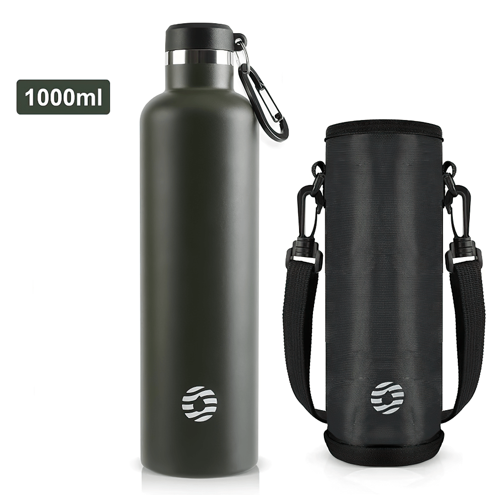 1000ml stainless steel sports water bottle with carabiner and insulated carrying case, perfect for keeping drinks hot or cold.