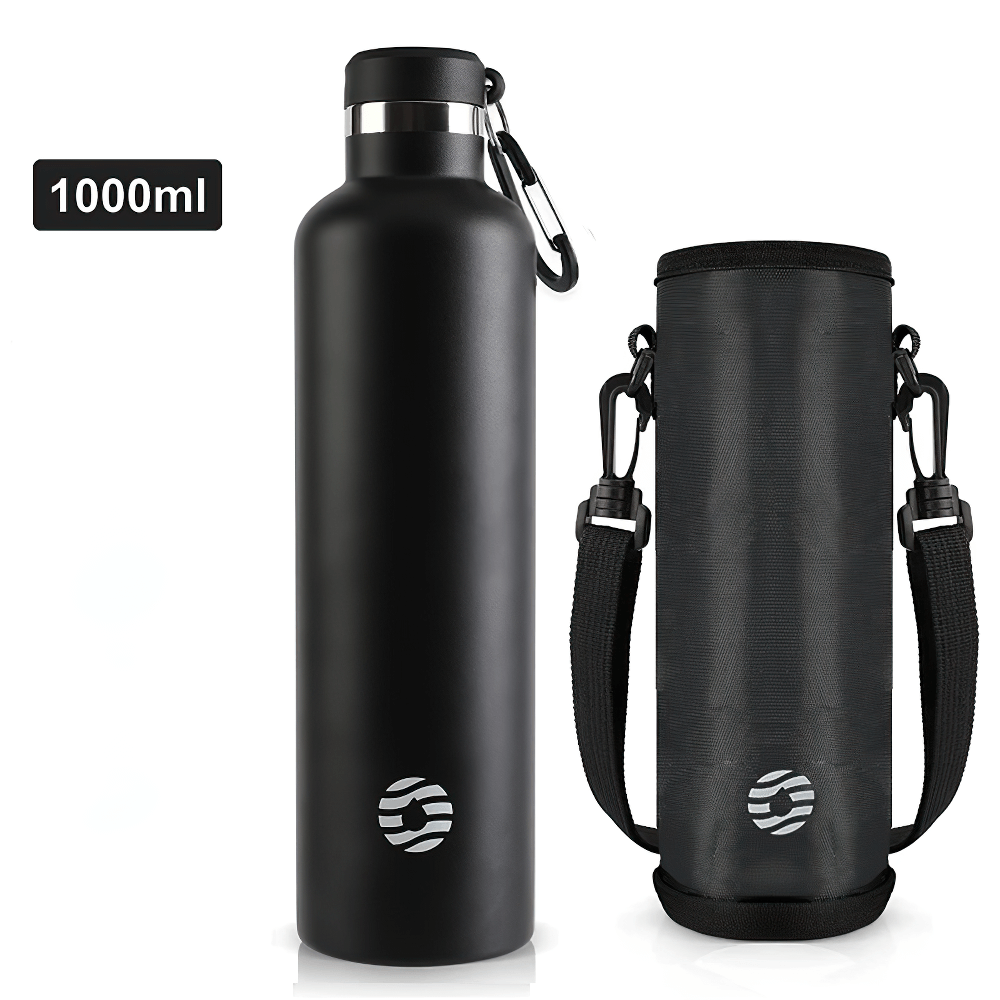 1000ml stainless steel sports water bottle with carabiner and carrying case, vacuum insulated for hot or cold drinks.