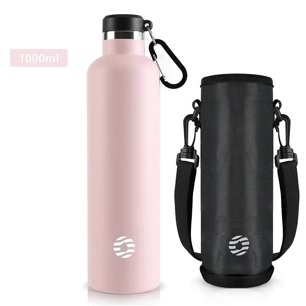 Pink stainless steel sports water bottle with black carrying pouch and carabiner, 1000ml capacity.