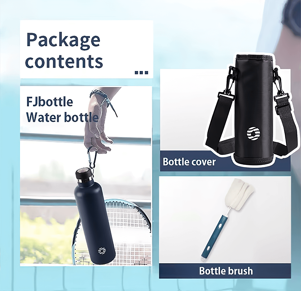 Stainless steel sports water bottle with carabiner, bottle cover, and brush; essentials for outdoor enthusiasts.