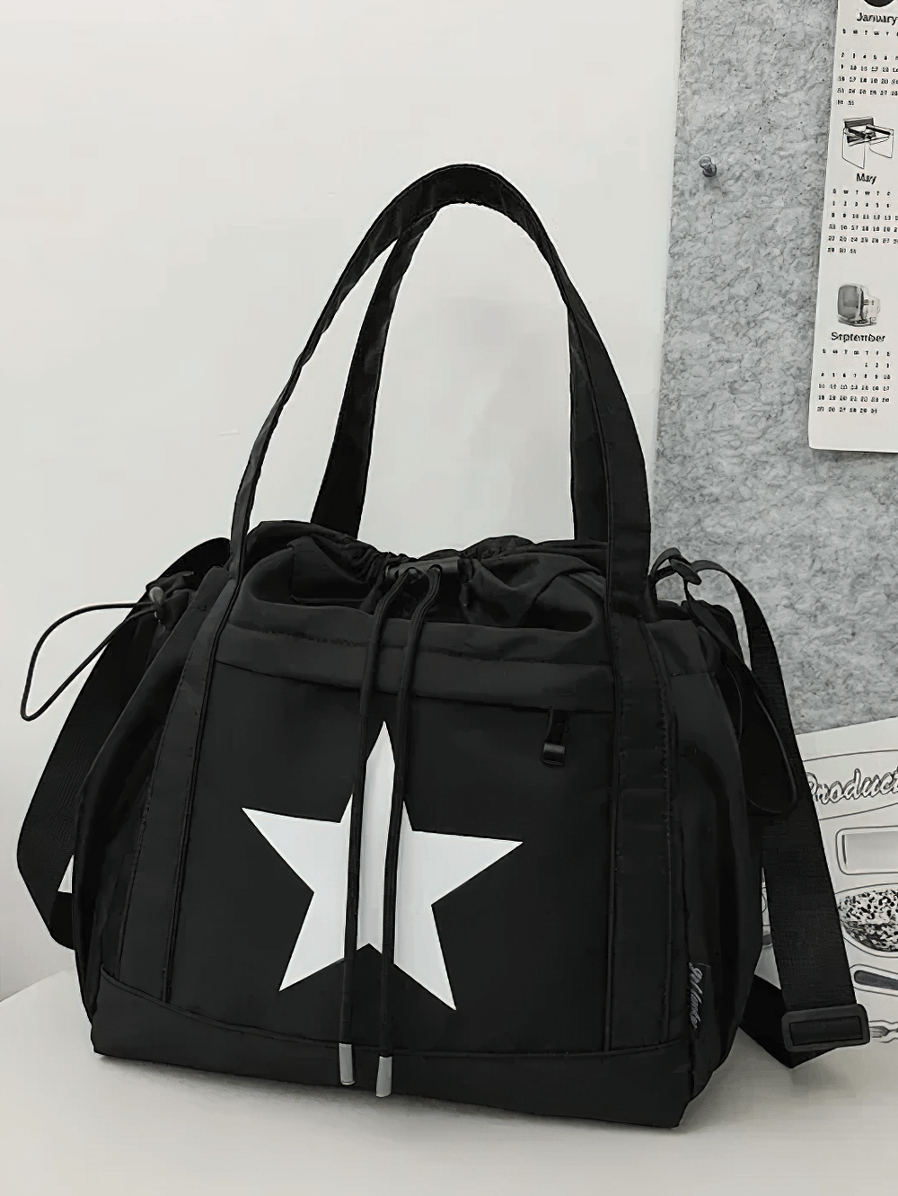 Star Pattern Shoulder Tote Bag in Black with Drawstring Closure - Sporty Nylon Design