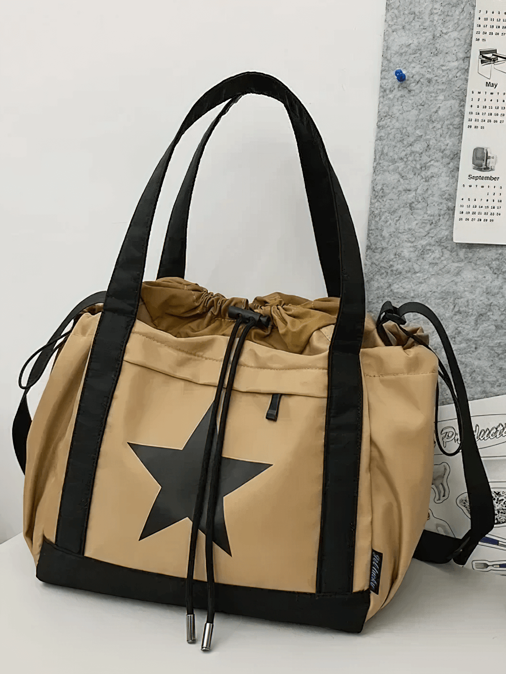 Star Pattern Shoulder Bag with Drawstring - Nylon Tote SF2661 for Sporty Style and Daily Commute, Spacious and Durable Design.