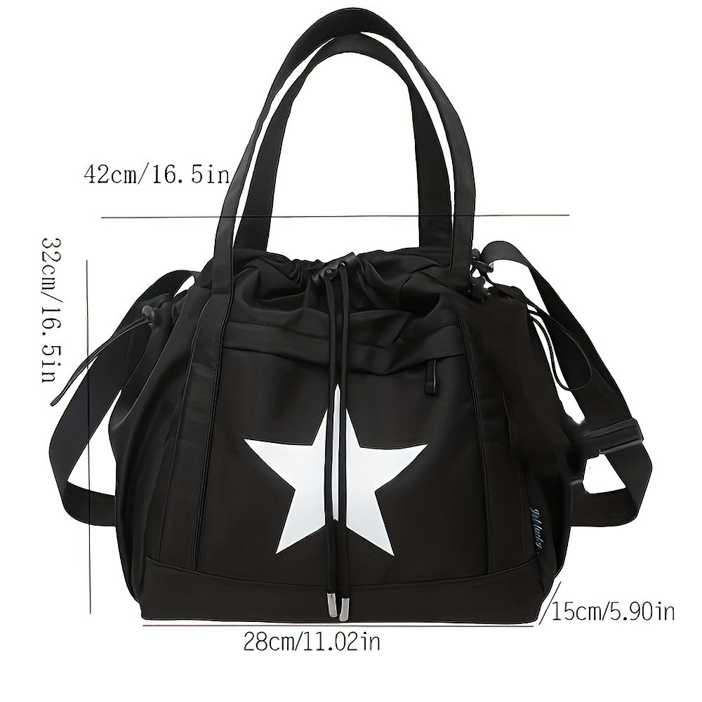 Star Pattern Nylon Shoulder Bag SF2661 with Drawstring, 16.5in x 11.02in x 5.90in, Sporty Tote for Commute & Travel