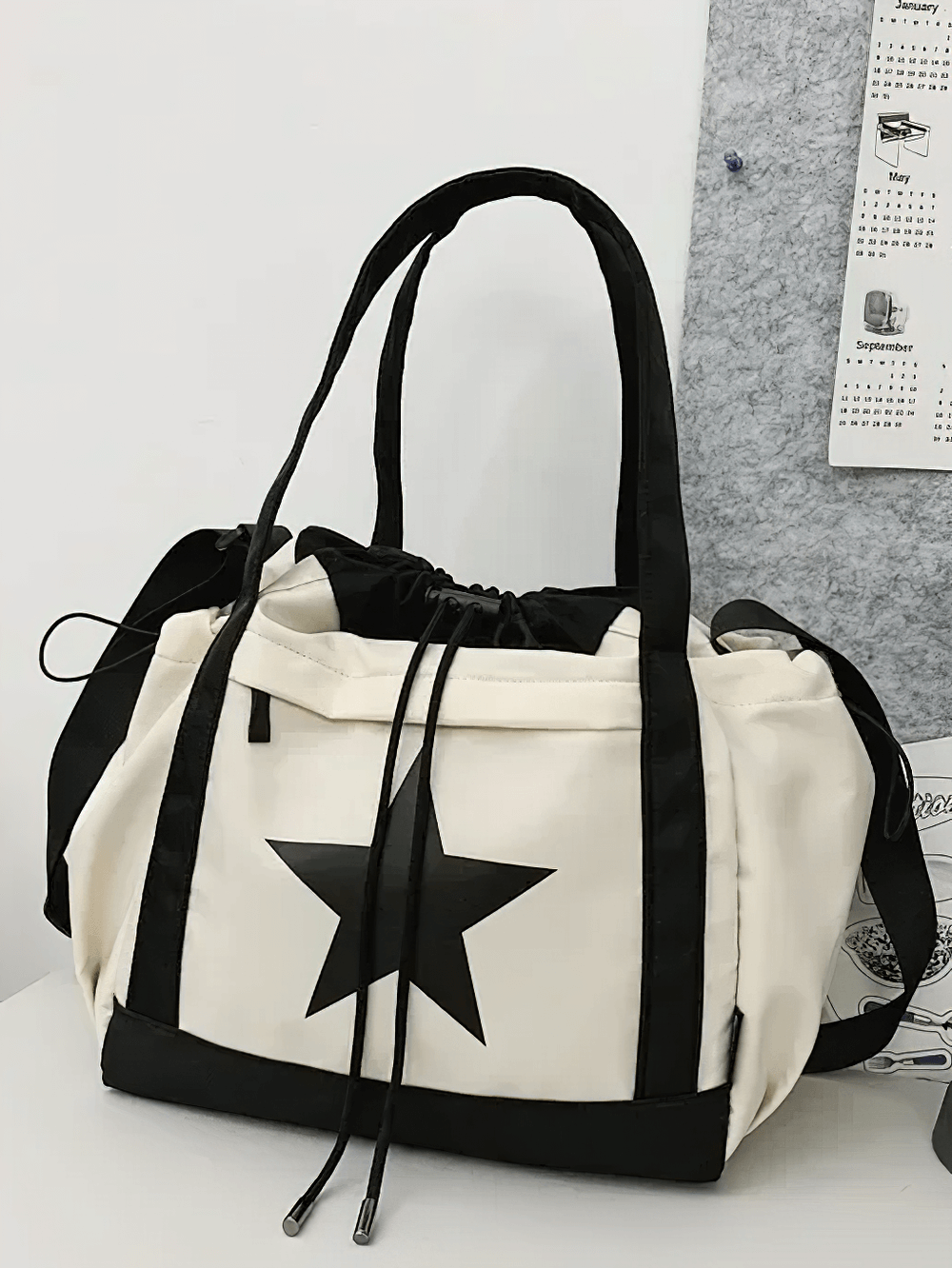 Nylon Star Pattern Shoulder Bag with Drawstring, sporty style essential for travel and daily use, featuring a spacious interior - SF2661.