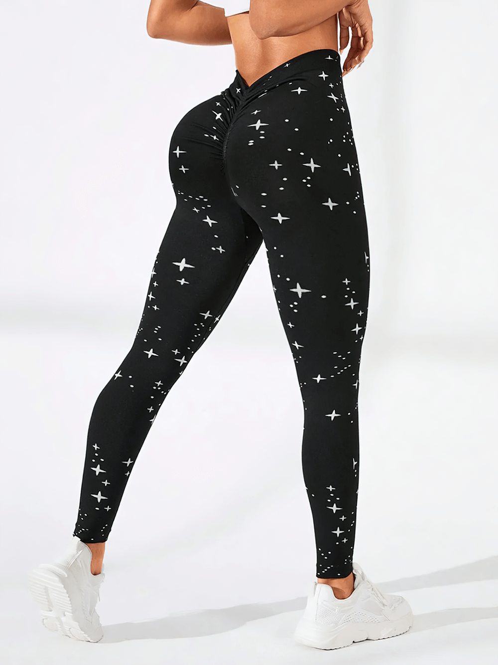 Woman wearing Starry Sky High Waist Push Up Gym Leggings - SF4003, showcasing trendy star design and tummy control fit for gym workouts.