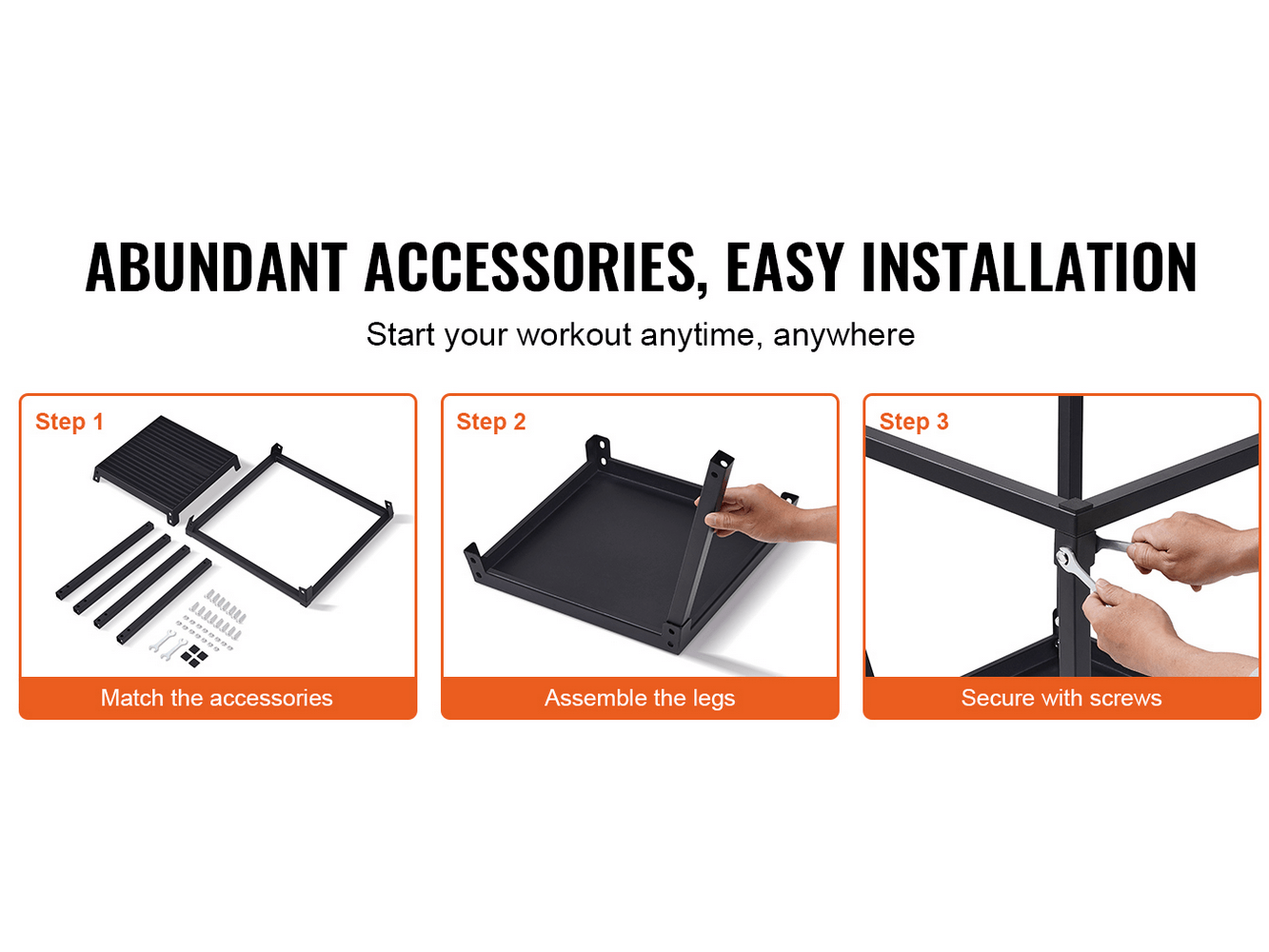 Step-by-step guide to assembling a steel plyometric jump box with legs, screws, and accessories for easy installation.