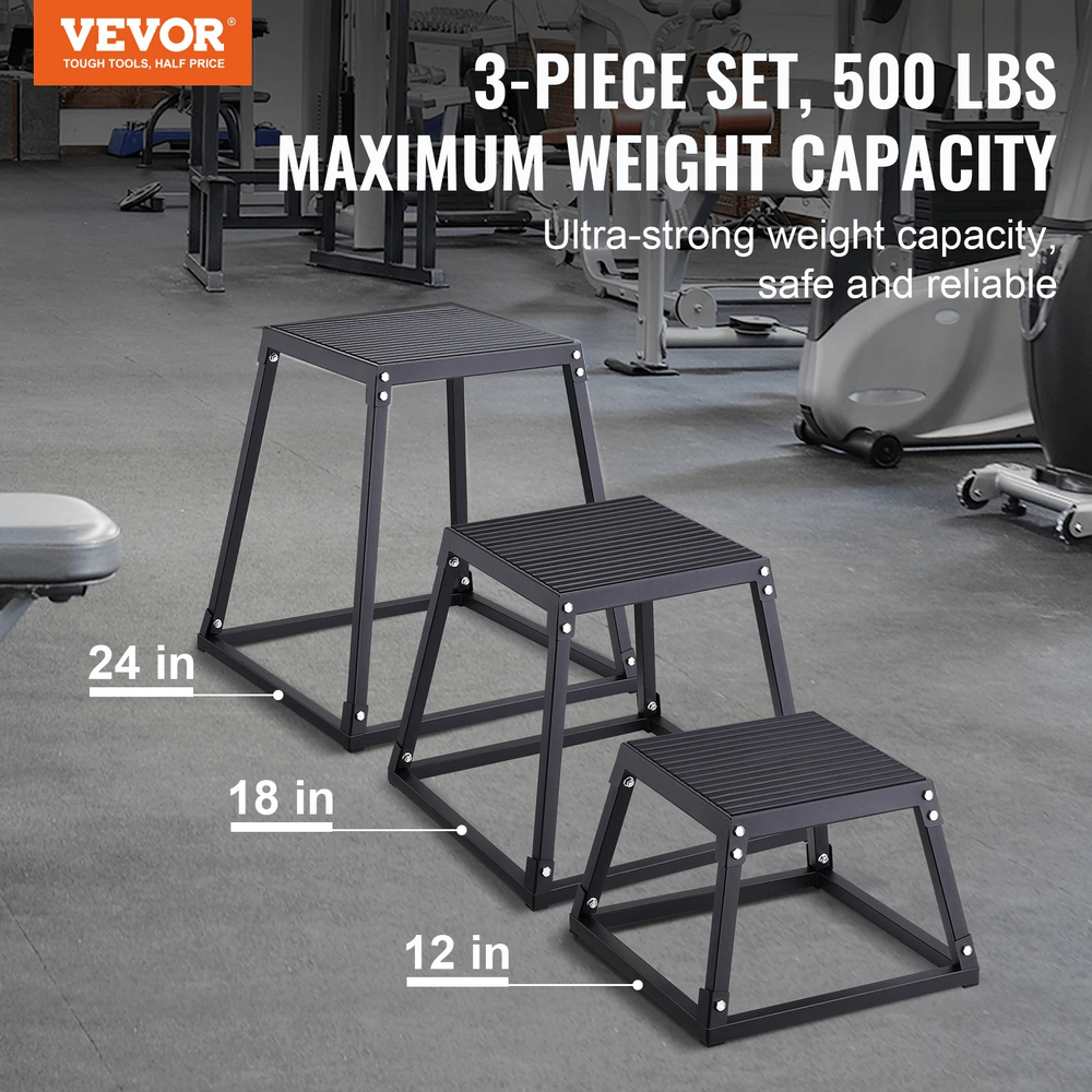 3-piece steel plyometric jump box set with 12in, 18in, and 24in heights for gym training, max 500 lbs capacity, anti-slip surfaces.