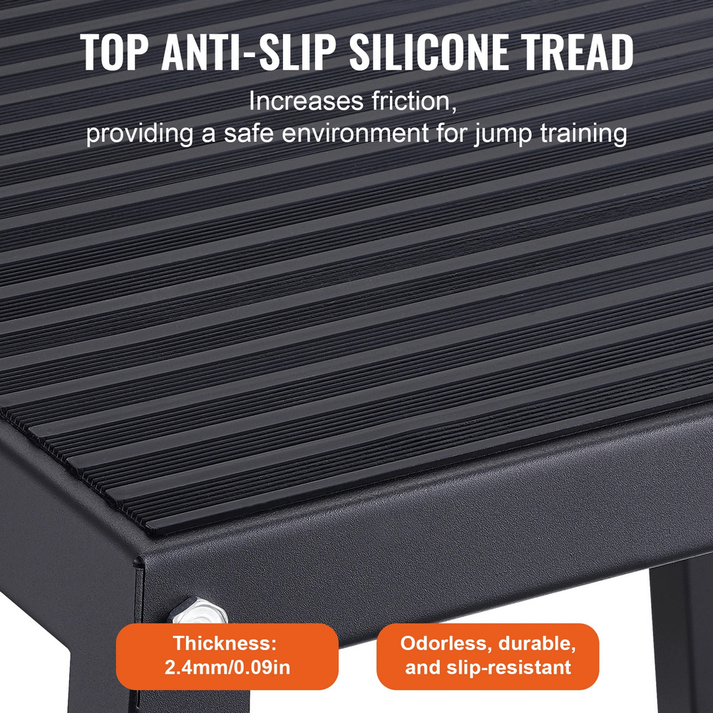 Close-up of anti-slip silicone tread on steel plyometric box, highlighting thickness, durability, and slip resistance for safe workouts.
