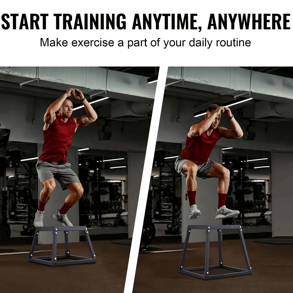 Man using steel plyometric jump box set for workout, showcasing 12in to 24in platforms with anti-slip surface in gym.