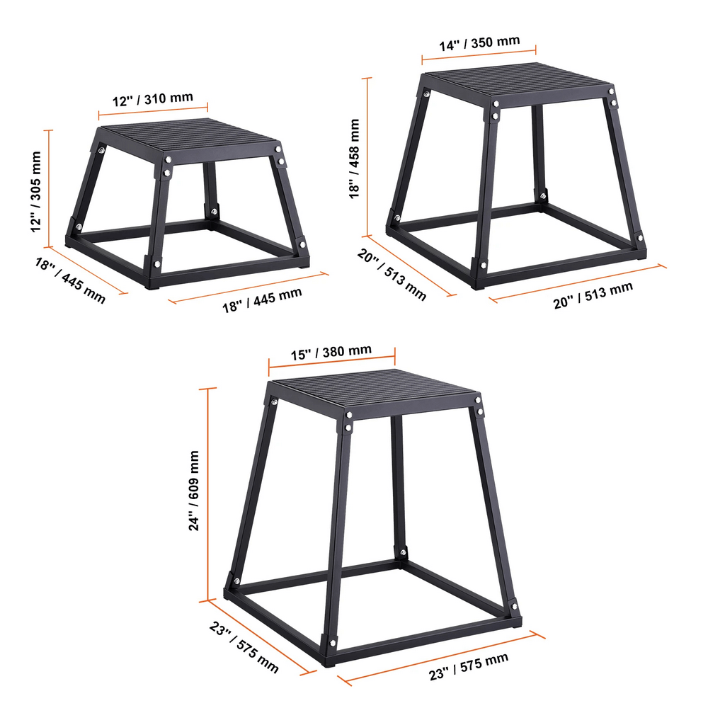 Steel plyometric jump boxes set with 12in, 18in, and 24in heights for gym training, featuring anti-slip surfaces for safe landing.