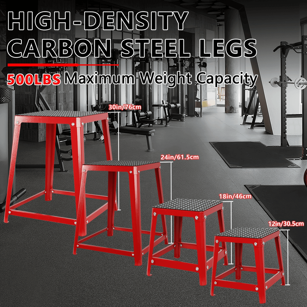 Red stackable steel plyometric jump boxes in gym with anti-slip tops, available in 12, 18, 24, and 30-inch sizes.