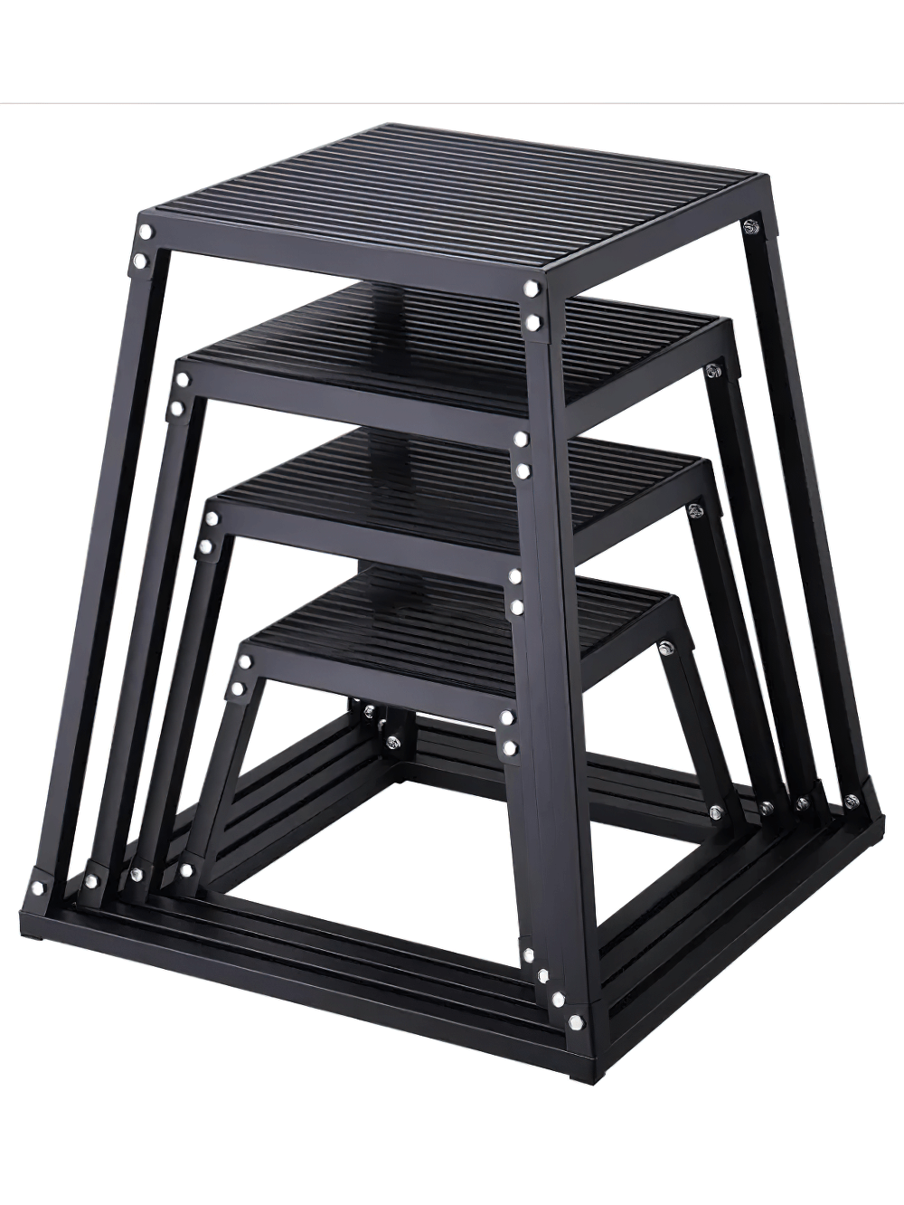 Stacked steel plyometric jump boxes in four sizes for home and gym training, featuring anti-slip tops and compact design, model SF3211.