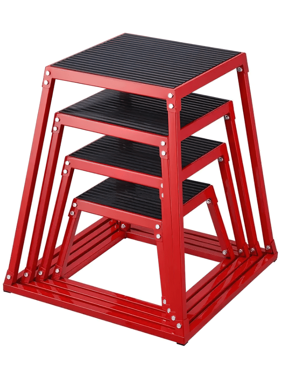 Stackable steel plyometric jump box set for explosive workouts, includes 12, 18, 24, and 30-inch anti-slip platforms for home gyms.