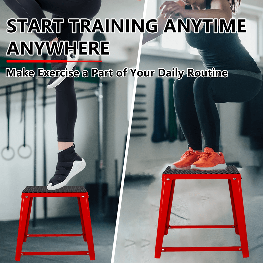 Elevate workouts with red steel plyometric box for step-up training in gym. Enhance strength and agility with anti-slip design.