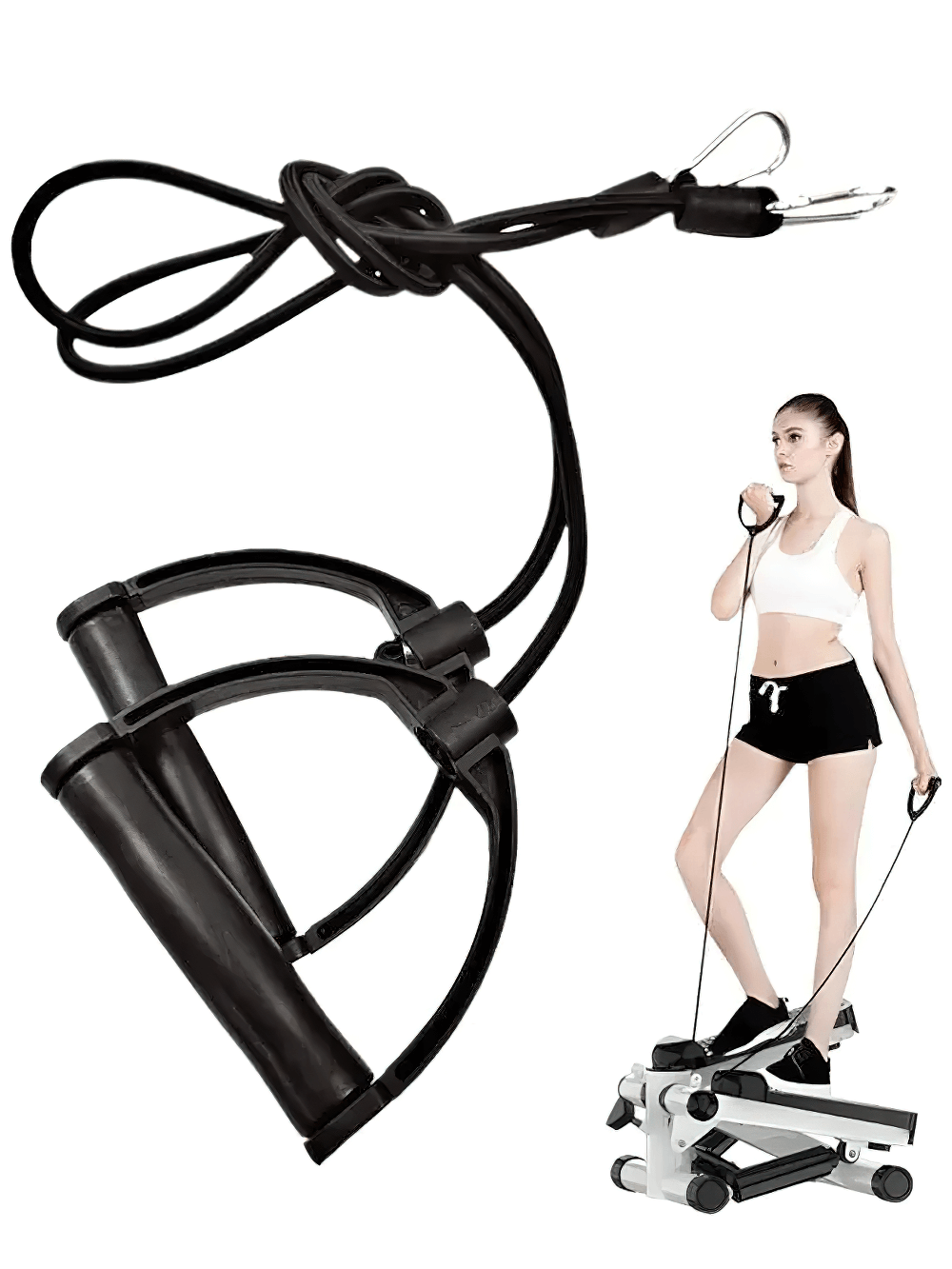 Woman using stepper resistance bands with handles for cardio and strength training, ideal for toning arms, chest, and legs, model SF3384.
