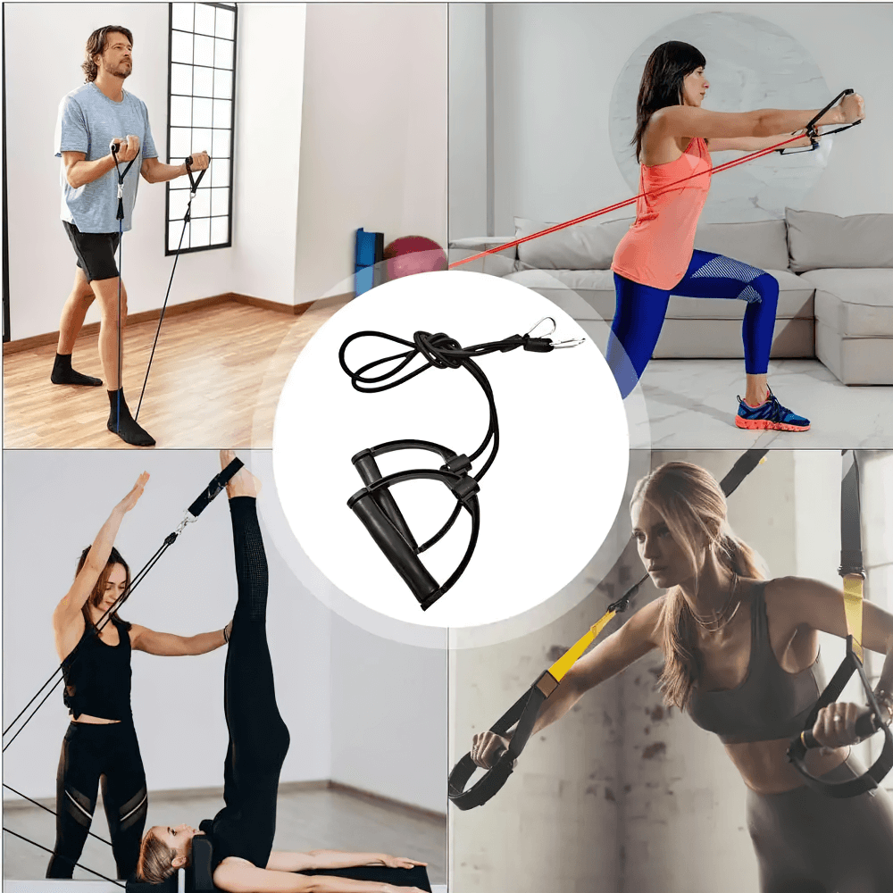 People using SF3384 stepper resistance bands with handles for diverse fitness workouts, showcasing cardio and strength training versatility.