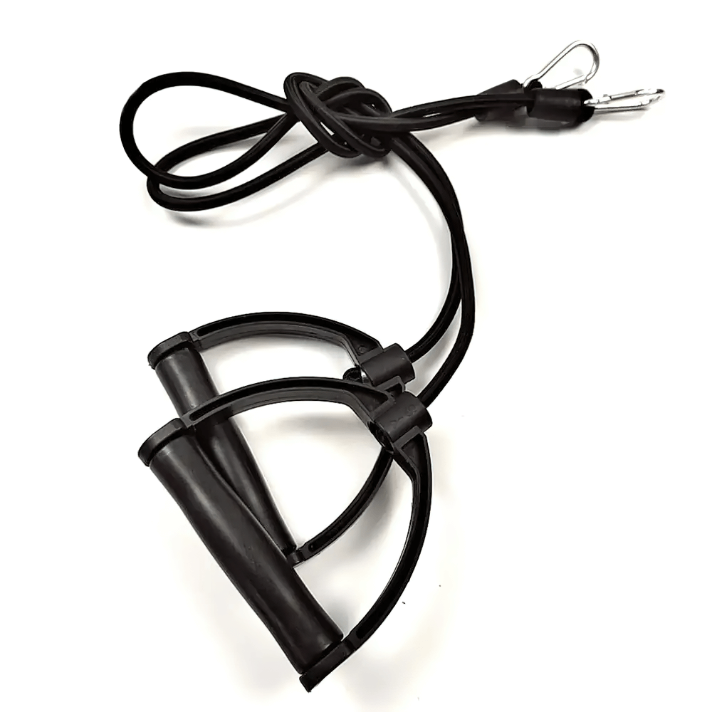 Black stepper resistance bands with handles for versatile home workouts, ideal for toning arms, shoulders, chest, and legs.