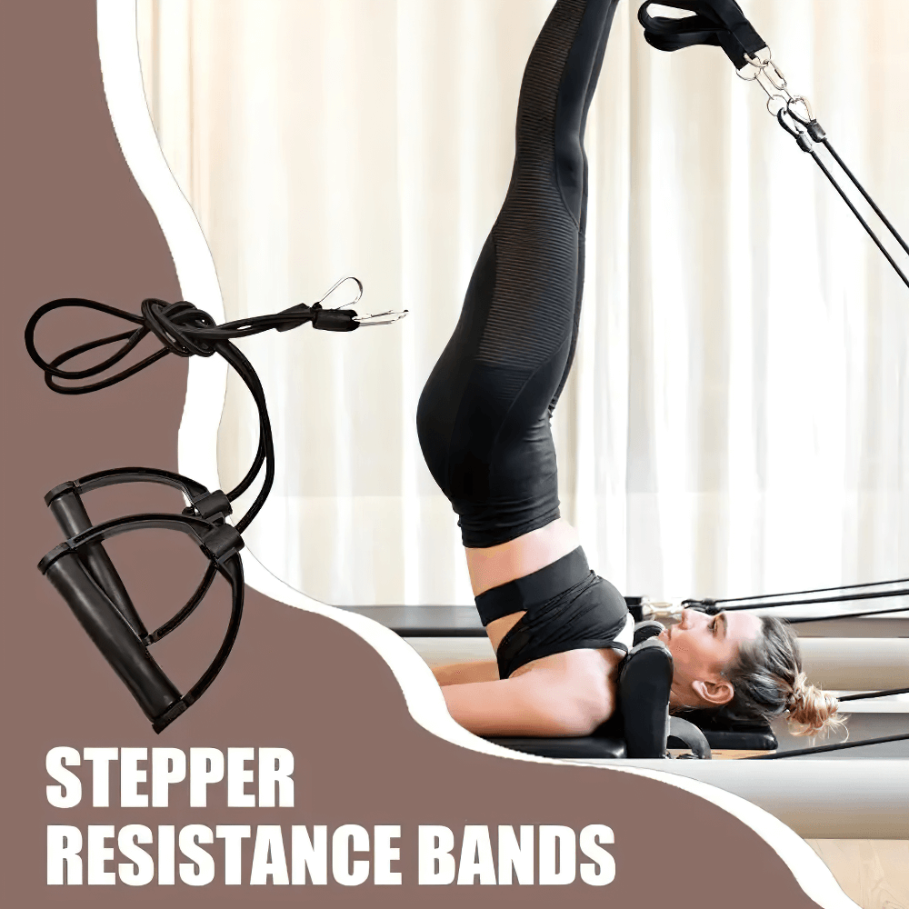 Woman using stepper resistance bands with handles for fitness training, showing versatility and strength exercises.
