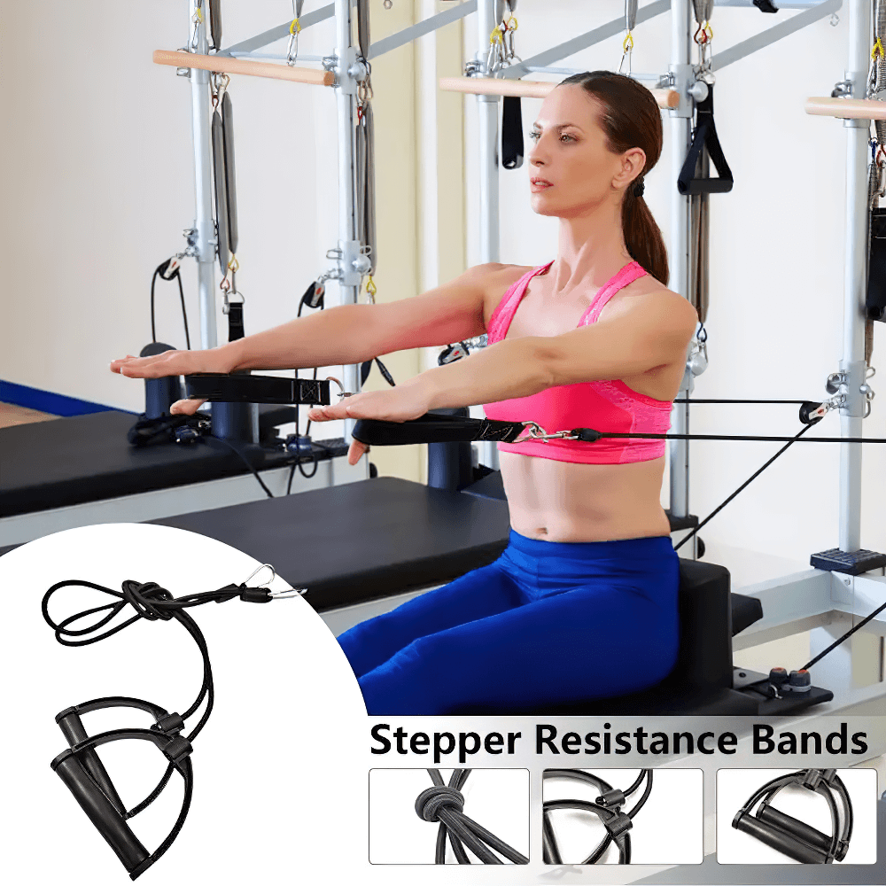 Fitness enthusiast using Stepper Resistance Bands with Handles for a full-body workout to tone arms and legs in a home gym setting.