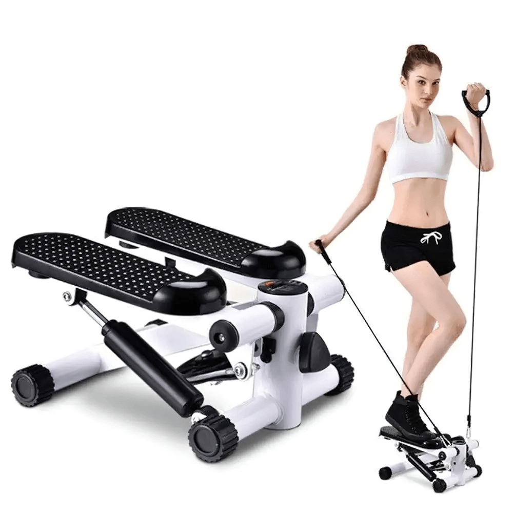 Woman using stepper resistance bands for cardio and strength training, featuring durable elastic tubing and secure handles.
