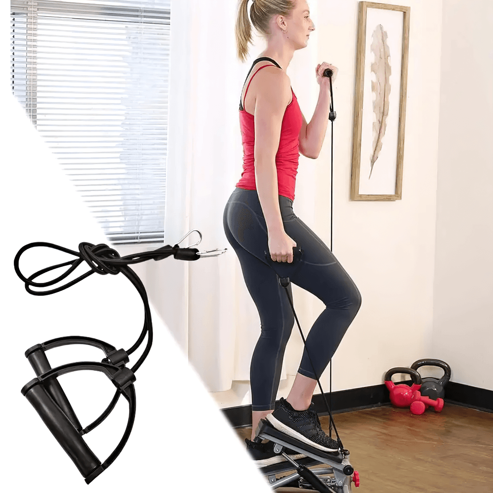 Woman using stepper resistance bands with handles for fitness training at home, showcasing lower body workout possibilities.