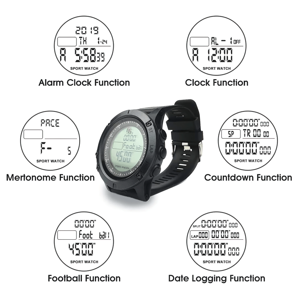 Stopwatch Digital Timer with 100 Lap Memory - SF3468 showing display features: alarm, countdown, date logging, and more.