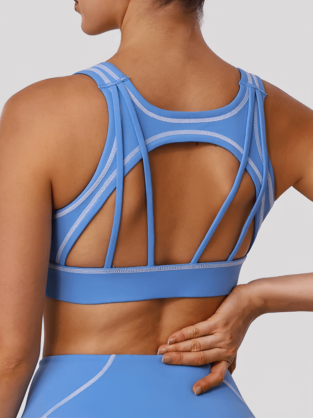 Strappy Back Sports Bra with Removable Pads - SF4062, blue multi-strap back detail for enhanced airflow and style.