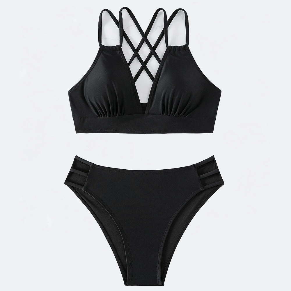 Strappy Black Bikini Set SF2136 with elegant crisscross top and flattering bottoms, perfect for stylish beachwear.