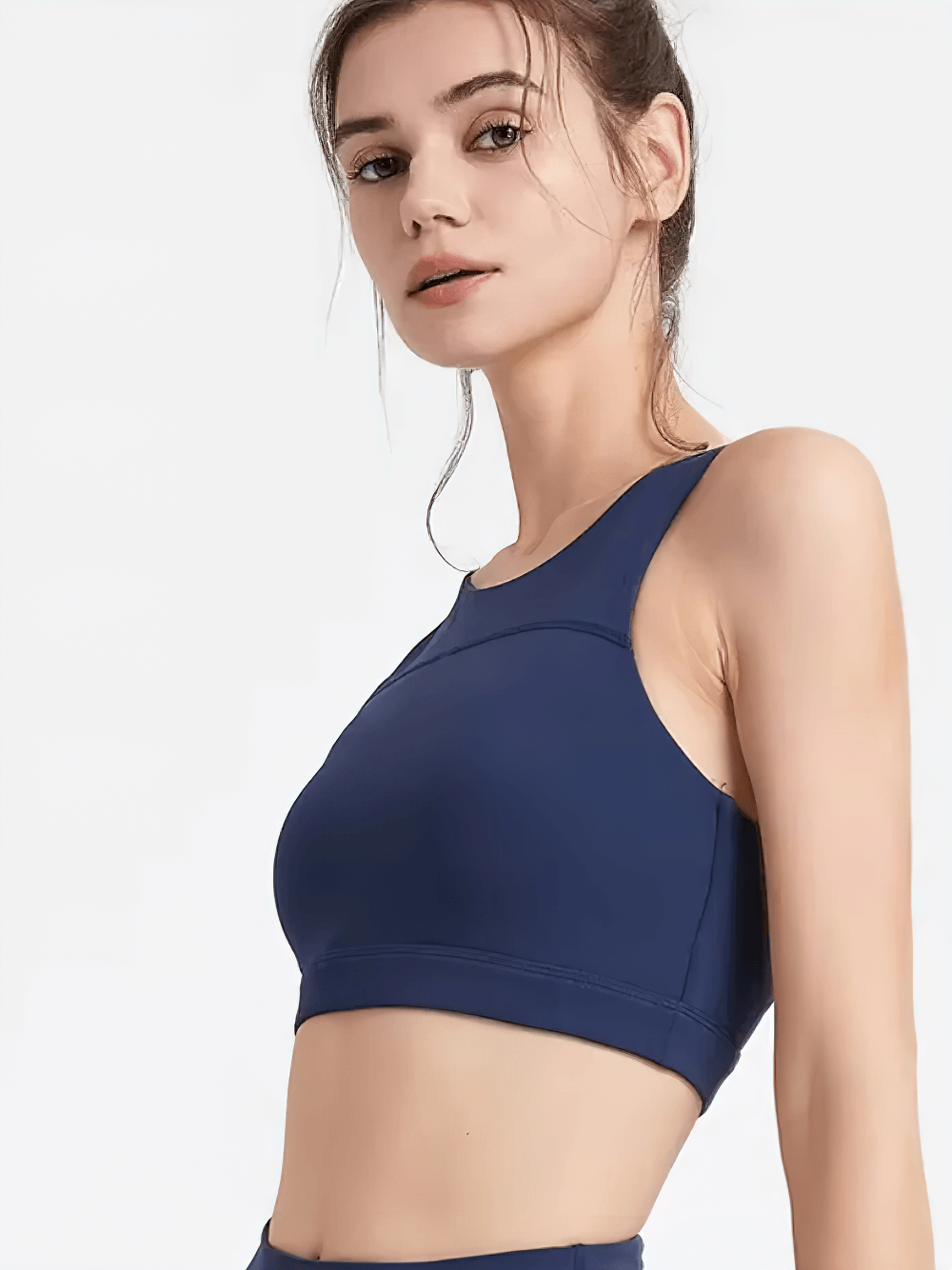 Woman wearing Strappy Racerback Sports Bra for Gym Workouts - SF4041 in navy