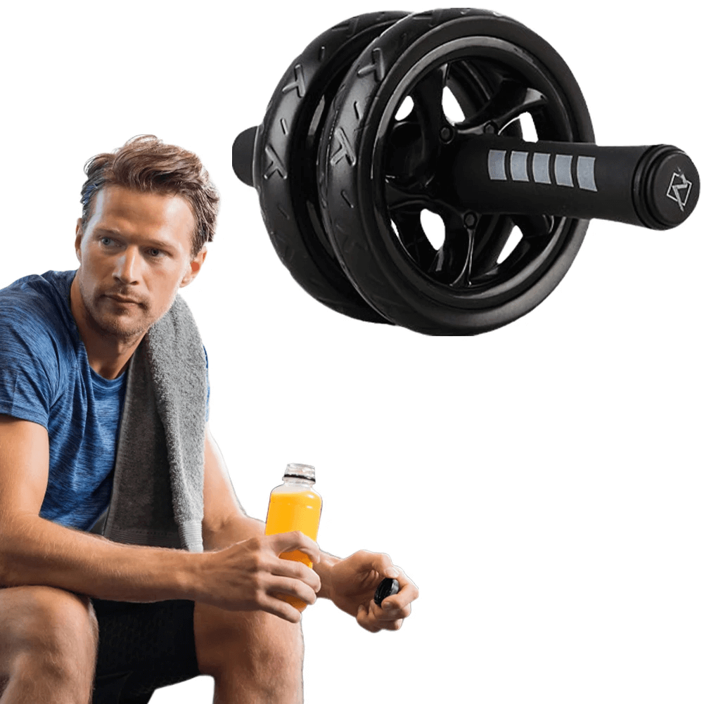 Man sitting with towel and drink next to Strength Training Roller for Full-Body Workout SF3233, ideal for core and gym exercises.