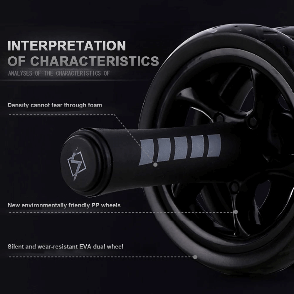 Close-up of a durable exercise wheel showcasing EVA dual wheels and eco-friendly PP materials for smooth, silent gym workouts.
