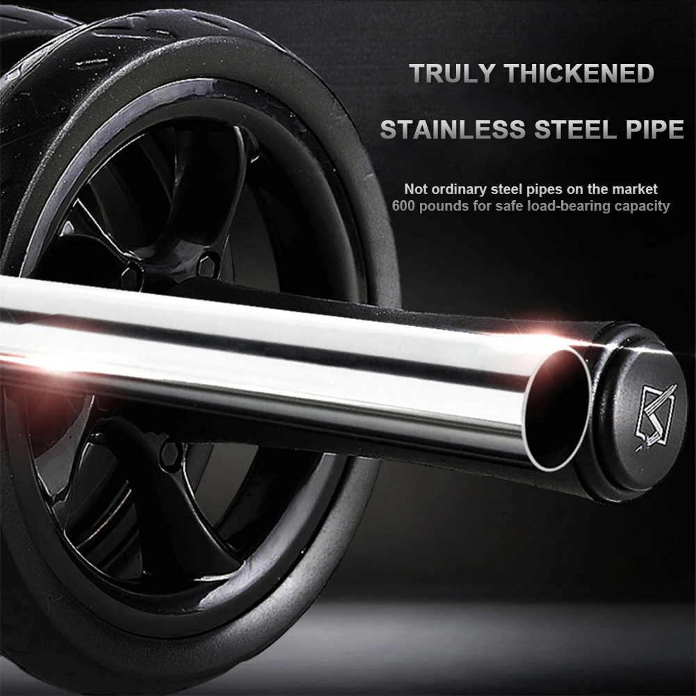 Close-up of durable exercise wheel with stainless steel pipe for strength training and core workouts, featuring smooth, quiet rolling wheels.