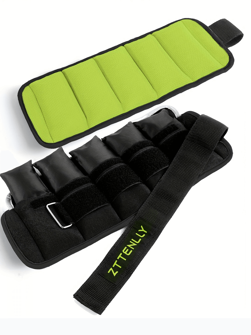 Adjustable ankle and wrist weights with reflective trim, 5lbs pair, for strength training, featuring black straps and bright green interior.