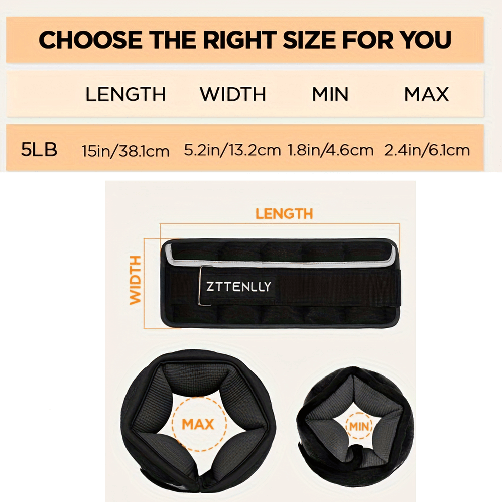 Diagram of adjustable ankle wrist weights with size guide for 5lb pair: length, width, min and max dimensions for perfect fit.