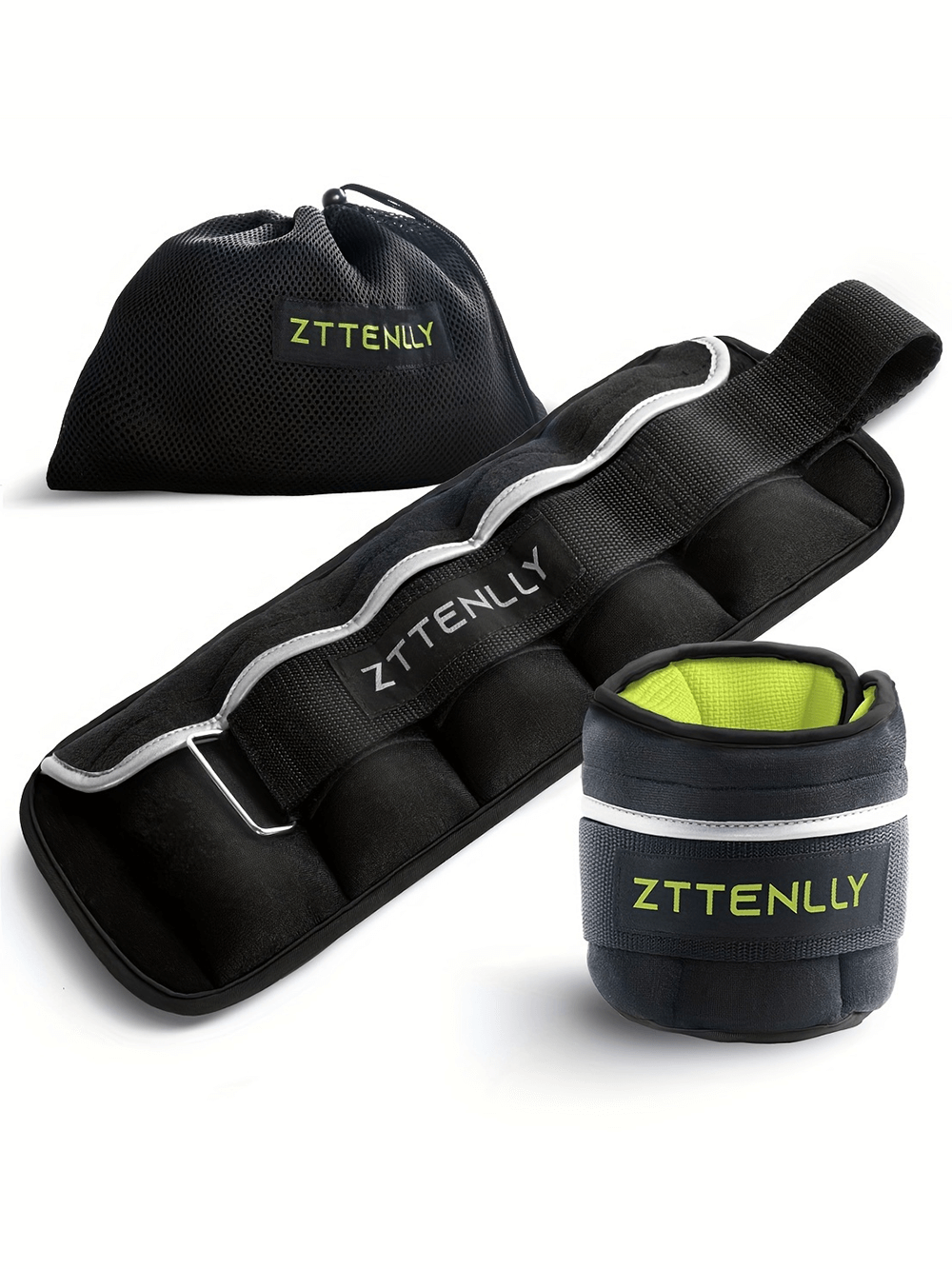 Adjustable ankle and wrist weights set with reflective trim and carry bag for strength training, walking, and running workouts.