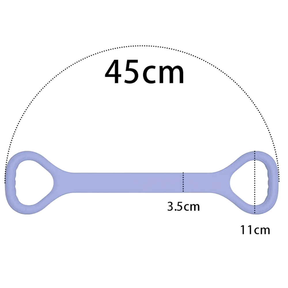 Blue stretch band for yoga and strength training, featuring ergonomic handles and dimensions 45cm length, 3.5cm width, and 11cm handle.