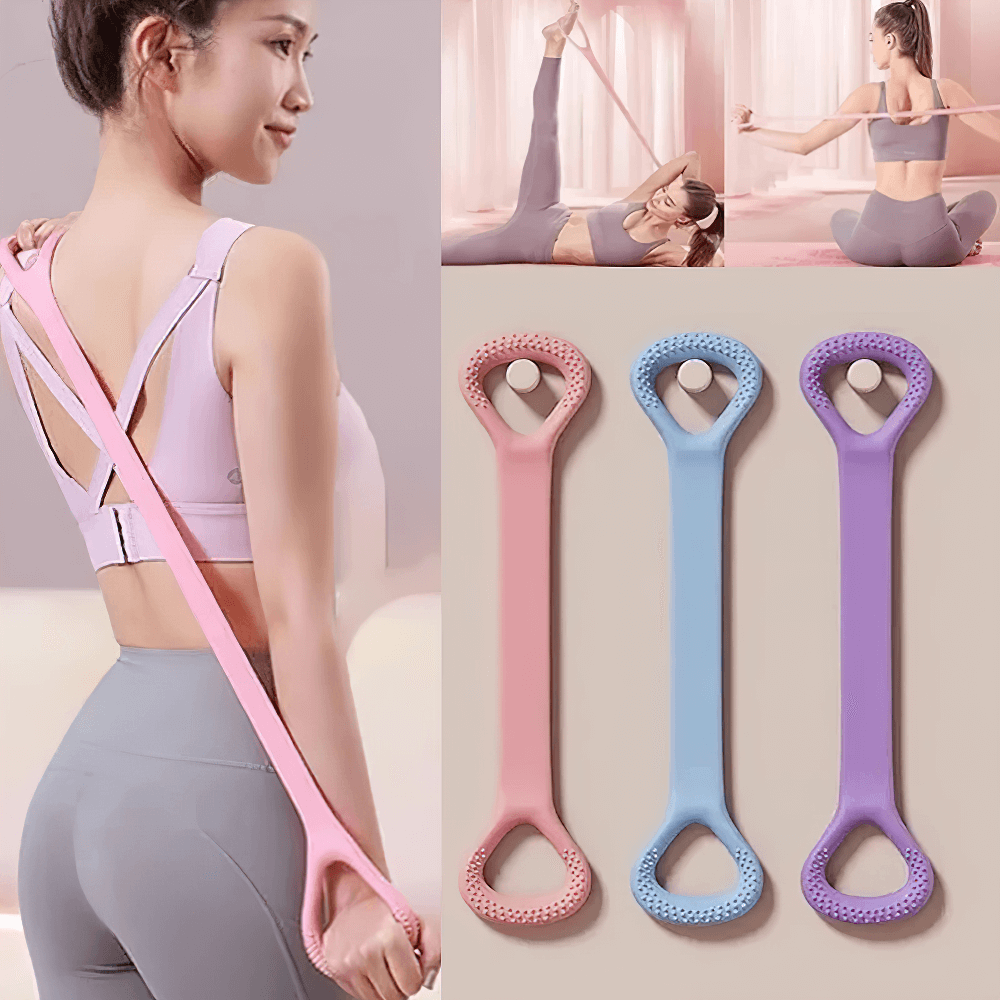 Woman using stretch band for yoga and strength training with ergonomic handle, shown in pink, blue, and purple colors, SF2865 model.