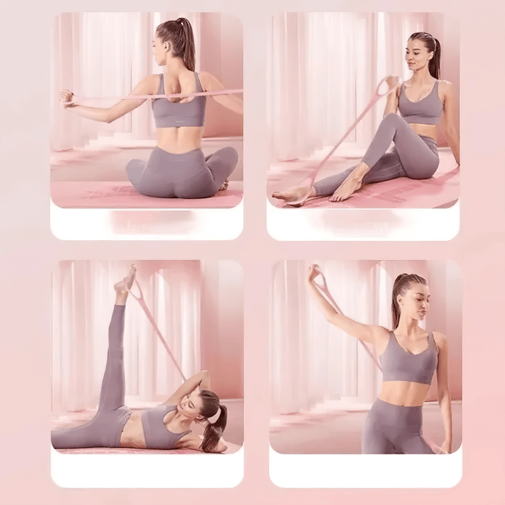 Woman using stretch band for yoga and strength training, improving flexibility and posture with ergonomic handle in various exercises.