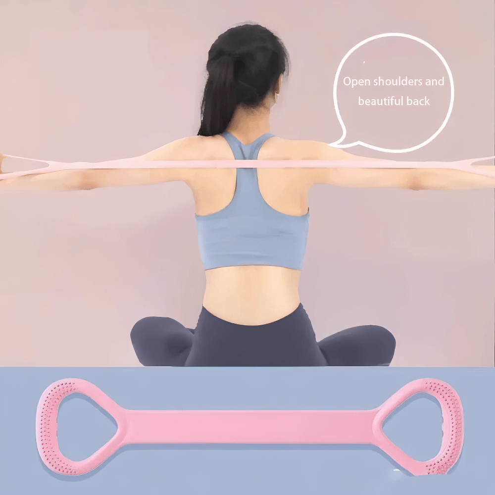 Woman using a pink stretch band for yoga to improve shoulder openness and back posture, featuring ergonomic handles for secure grip.