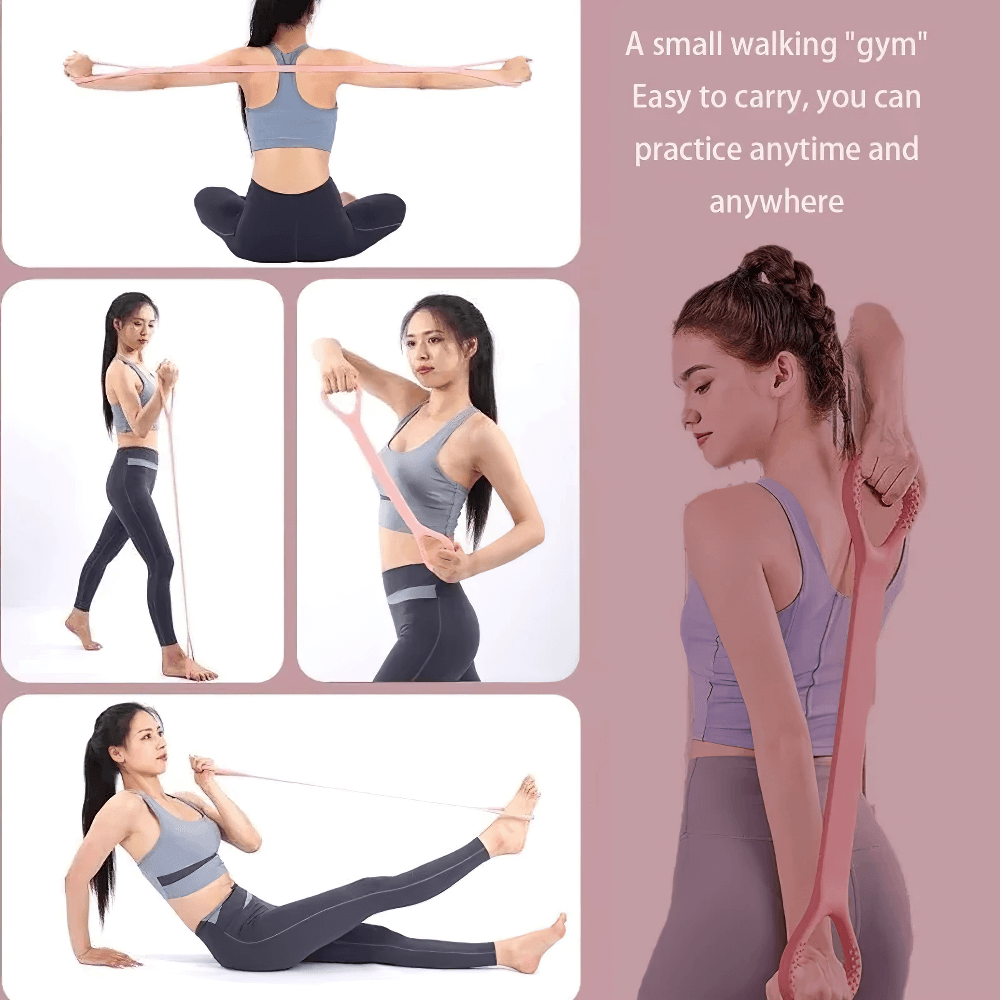 Four women demonstrating exercises with a stretch band for yoga and strength training. Ideal for flexibility, posture, and muscle toning.