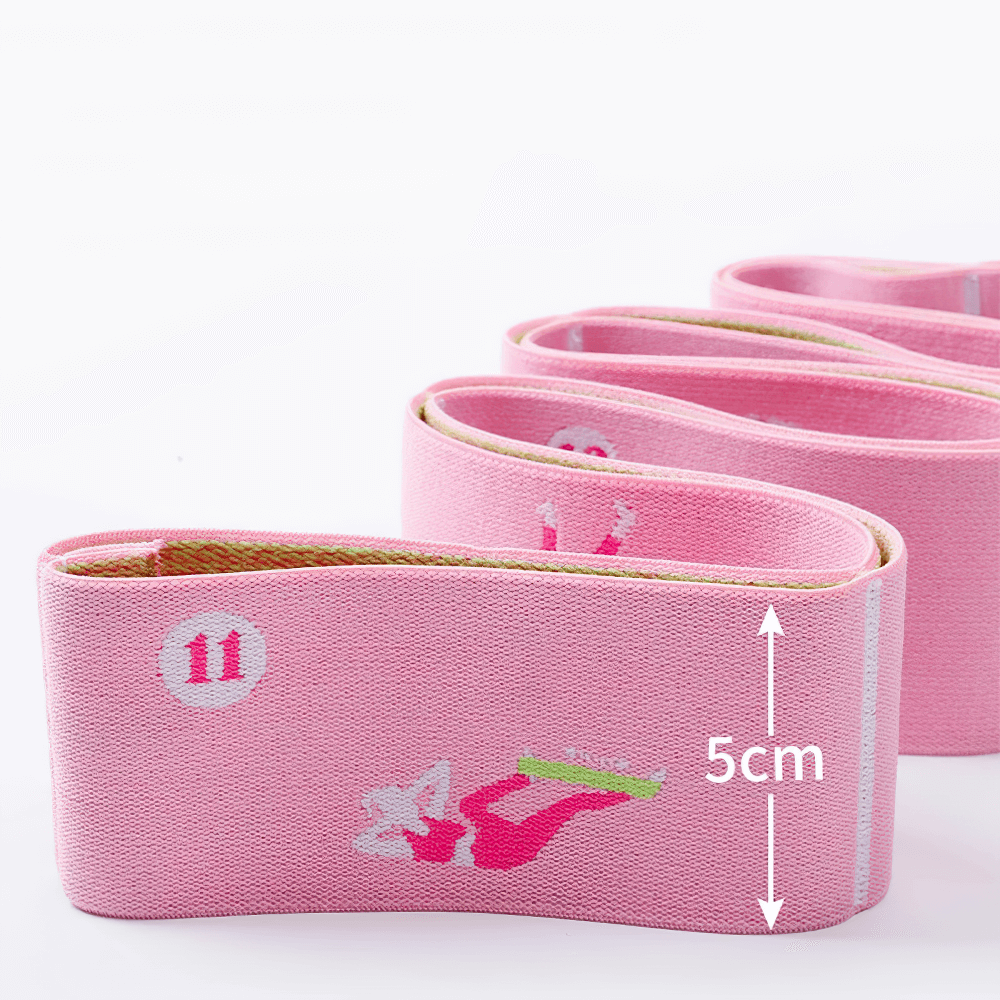 Pink segmented stretch band for flexibility, featuring 20 guided poses, made from high-elastic nylon, 135x5cm for Pilates and dance.