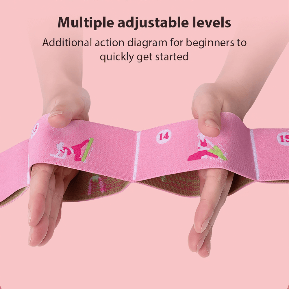 Hands holding a segmented pink stretch band with guided poses for flexibility, featuring multiple adjustable levels for beginners.