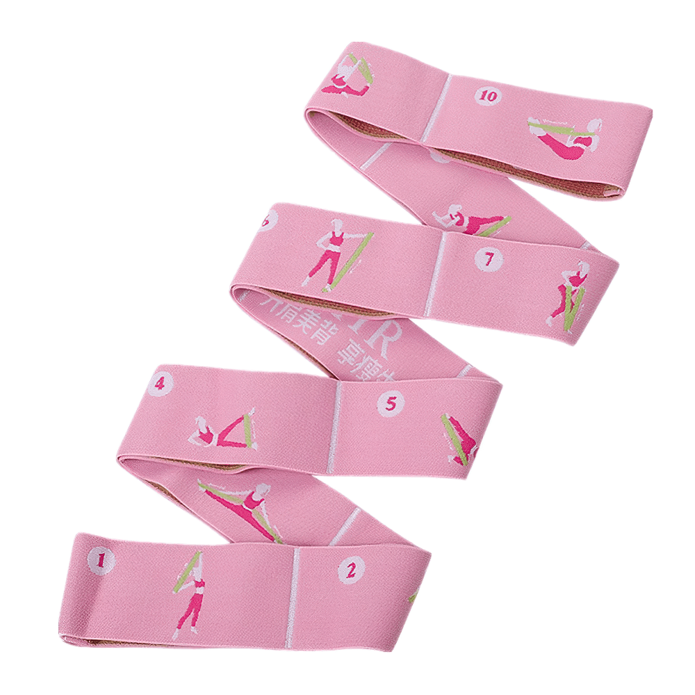 Pink segmented stretch band for flexibility, ideal for yoga, dance, Pilates. Features 20 poses for guided fitness. Model SF2873.