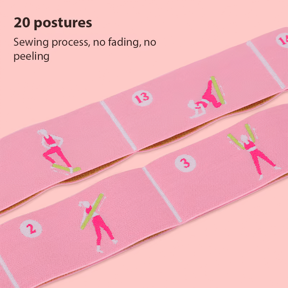 Resistance band with segmented design showing 20 guided poses for flexibility, sewing process ensures no fading or peeling.